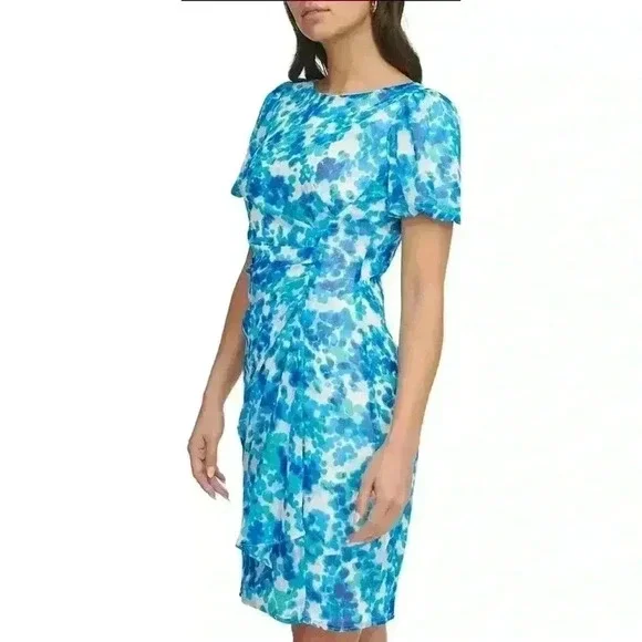 DKNY Women’s Printed Floral Chiffon Boat Neck Sheath Wrap Dress Size 10 - Picture 6 of 14